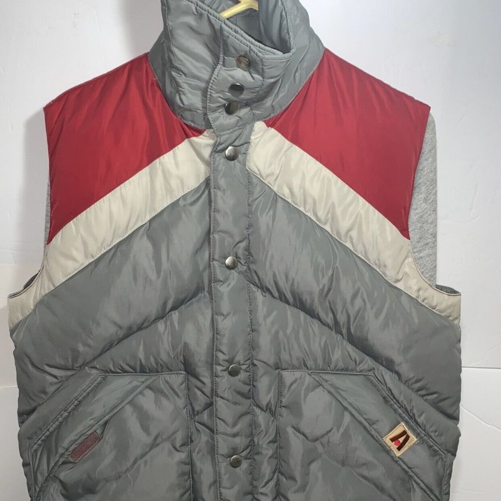 Vtg 90s Academy Broadway Mens L Large Goose Down Nylon Gray & Red Winter Vest